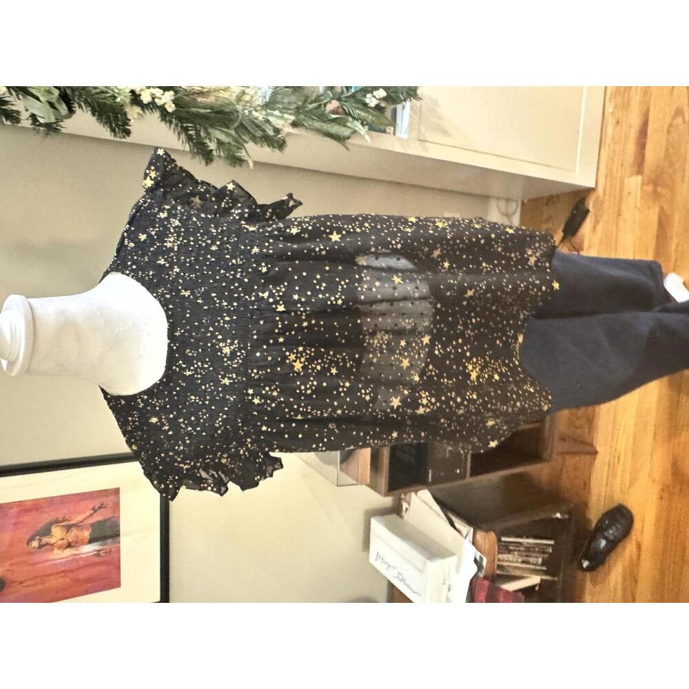 Aqua Star Print Ruffled Top - Black & Gold, Size M
